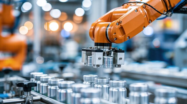 Automated robotic arm precisely placing small silver containers on an industrial production line
