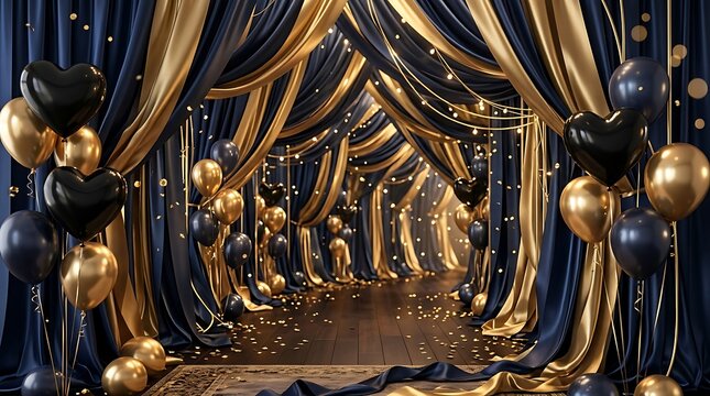 Elegant happy birthday party background with luxury gold and dark blue decorations and festive balloons
