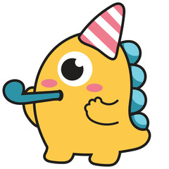 Obraz premium Cute Yellow Monster Character with Party Hat and Blower Illustration
