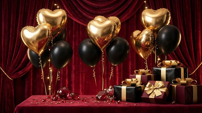 Elegant happy birthday celebration background with gold heart balloons and luxury gift boxes on a dark red stage