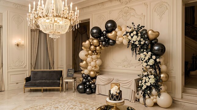 Elegant happy birthday party decoration with black and gold balloons in a luxury living room interior