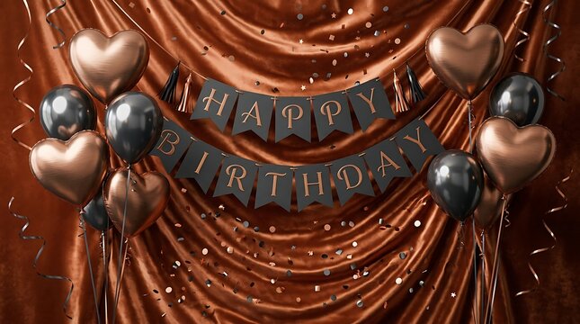 Elegant happy birthday celebration background with bronze heart balloons and shimmering curtains for a festive party