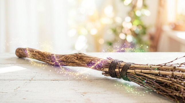 Wooden broomstick with sparkling magic on rustic table background  