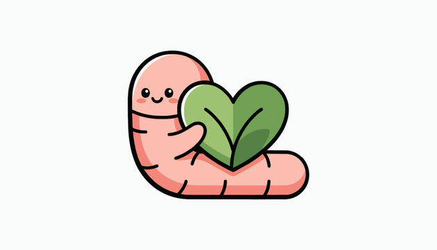 Happy pink earthworm hugging a green heart leaf