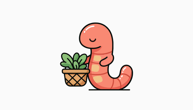 Friendly earthworm mascot holding a potted green plant