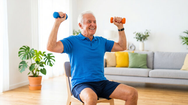 Elderly man doing arm exercises while smiling in a bright living room  