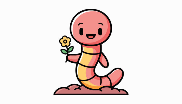 Happy cartoon earthworm character holding a yellow flower in dirt
