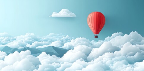 Obraz premium Red Hot Air Balloon Floating in Sky Above Cloudscape with Mountain Range