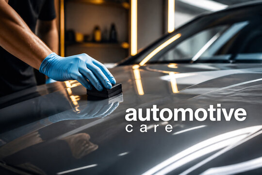 A person in blue gloves is polishing a car's shiny surface with an automotive care product.