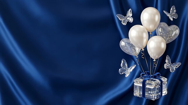 Elegant happy birthday background with white balloons and decorative butterflies on a luxurious dark blue silk fabric