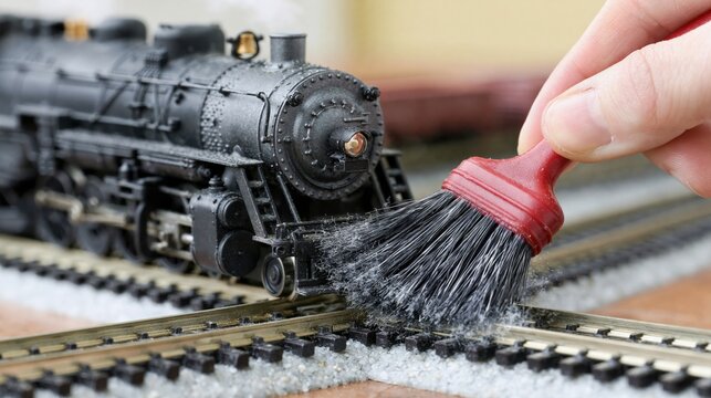 Hobbyist hand cleaning a miniature model train on its tracks with a small brush