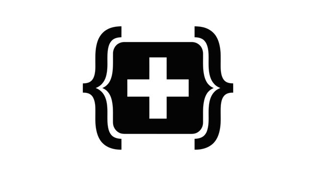 Coding brackets and cross logo for medical technology.
