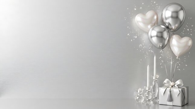 Elegant silver background with balloons and gift boxes for a happy birthday celebration greeting card design