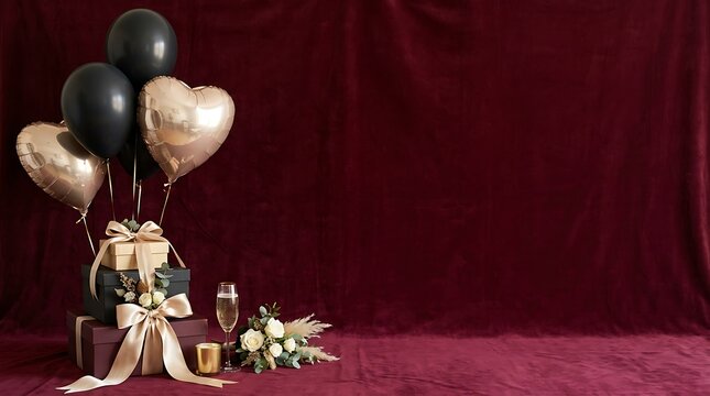 Elegant happy birthday celebration background with balloons and gift boxes on a dark red velvet texture backdrop