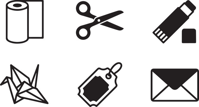 Flat icons set of origami paper, scissors, pencil, crane, gift tag, and envelope Vector