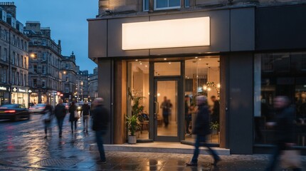 Obraz premium Blank Illuminated Light Box Store Sign Mockup on Modern Storefront at Night for Retail Branding Business Advertising and Logo Presentation