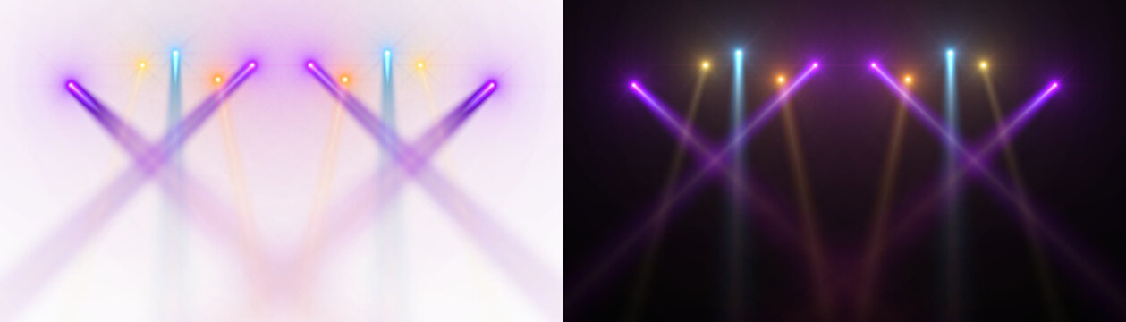Spotlight beams orange blue purple lighting shining on concert stage on transparent background. VFX design, theatre stage poster, party, music event.