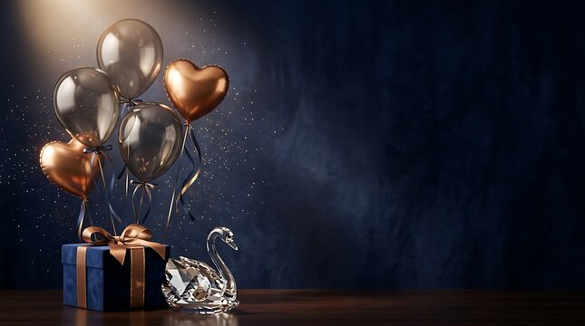 Elegant happy birthday background with metallic gold balloons and gift boxes on a dark blue surface