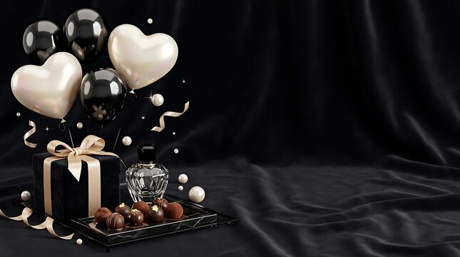 Elegant happy birthday celebration background with white heart balloons and gift box on a black fabric backdrop