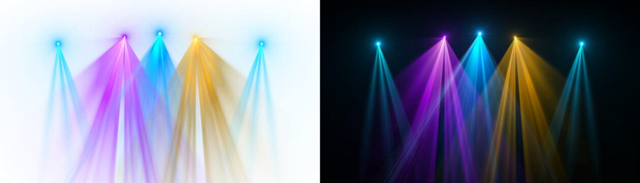 Spotlight beams orange blue purple lighting shining on concert stage on transparent background. VFX design, theatre stage poster, party, music event.