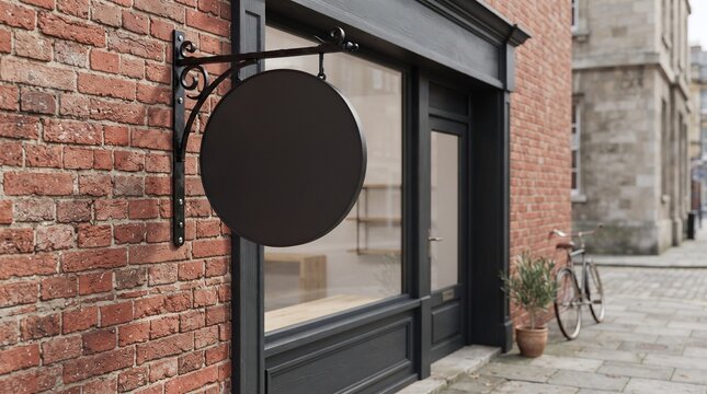 Blank Round Store Sign Mockup on Brick Wall with Modern Metal Bracket for Retail Shop Branding Logo Display and Business Identity Presentation