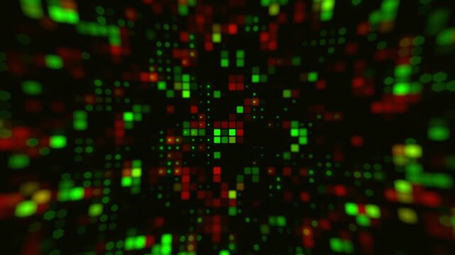 Abstract digital background featuring blinking green and red square pixels