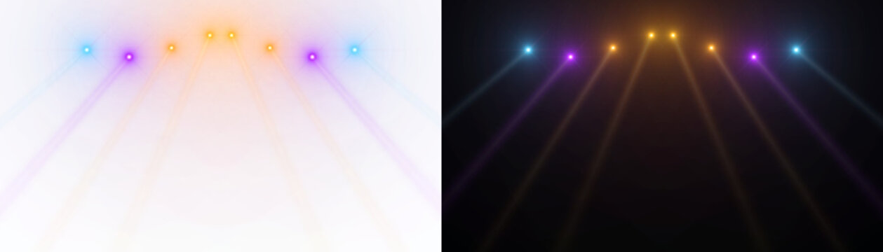 Spotlight beams orange blue purple lighting shining on concert stage on transparent background. VFX design, theatre stage poster, party, music event.