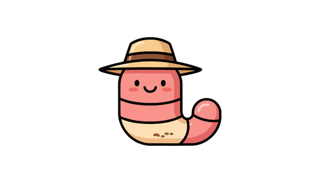 Happy earthworm gardener wearing a straw hat mascot