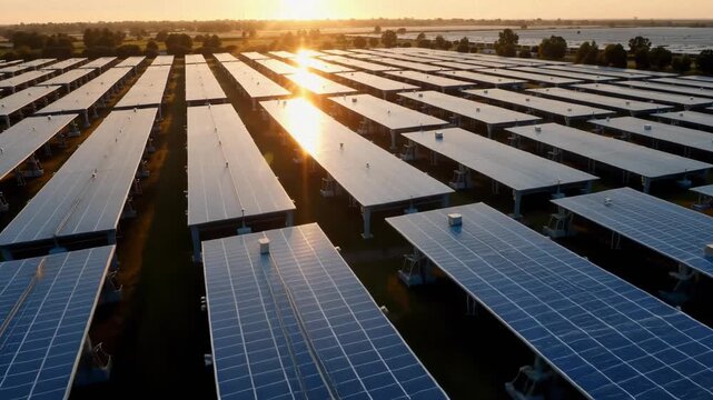 Aerial view of a large solar farm at sunrise with lens flare