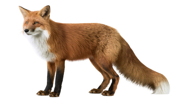 Red fox with bushy tail and white chest, isolated on transparent background