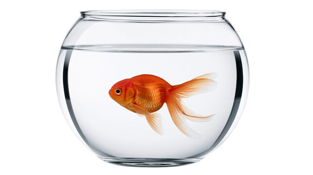 Single orange goldfish swimming in a clear glass bowl filled with water, isolated on transparent background