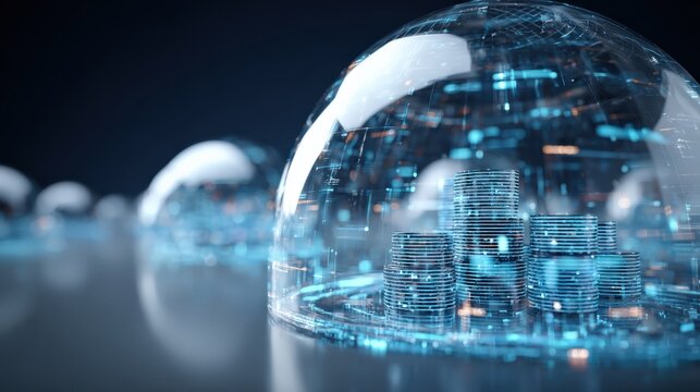 Abstract network data inside glowing crystal spheres, depicting a futuristic concept of digital protection and data security. ..Created with Generative AI, not depicting real subjects.