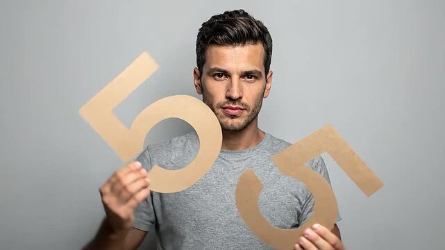 A young man holds two large cardboard numbers in his hands