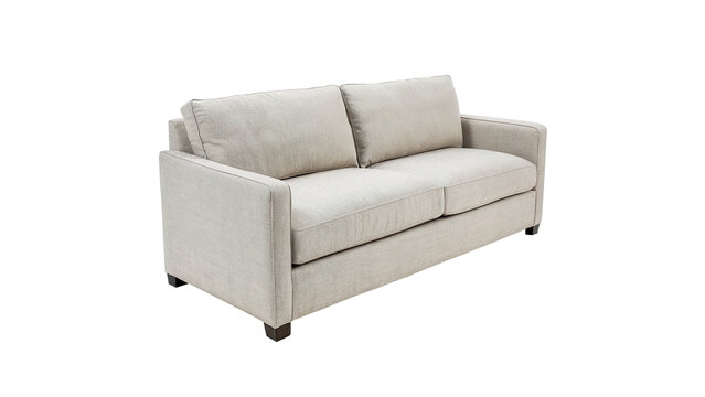 Minimalist modern light grey fabric sofa isolated on transparent background