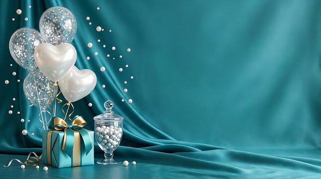 Elegant happy birthday background with gift box and balloons on a teal fabric backdrop for celebration
