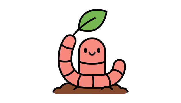 Happy pink earthworm character holding a green leaf in the soil