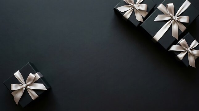 Elegant black gift boxes with silver ribbons for a luxury happy birthday celebration background with copy space