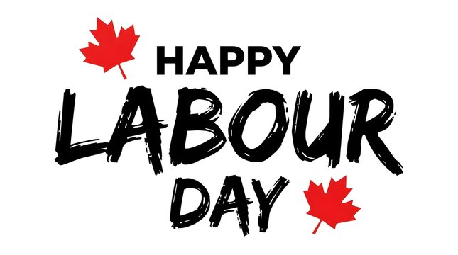 Happy Labour Day Canada greeting card. Canadian holiday banner with red maple leaf icons.