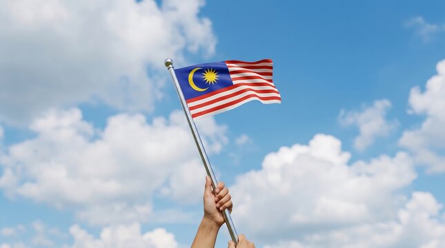Hand holding Malaysian national flag waving on silver pole against bright blue cloudy sky background