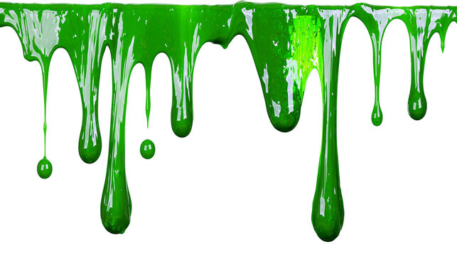 Viscous green slime dripping, isolated on transparent background