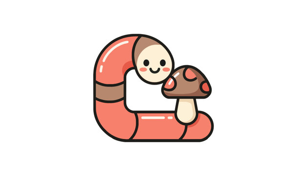 Happy pink earthworm character smiling with a small mushroom