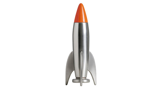 Retro silver rocket with orange tip, isolated on transparent background
