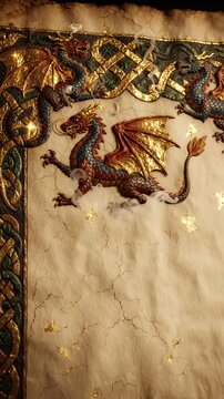 Intricate Medieval Dragon Border With Celtic Knots - This image showcases an ornate border with illuminated dragons and Celtic knotwork, set against a textured, aged parchment background with hints