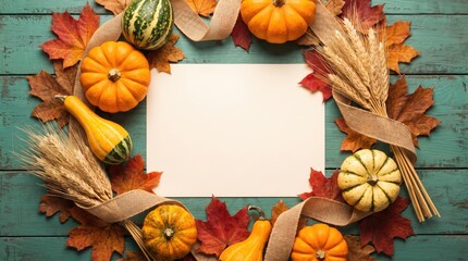 Fototapeta premium Autumnal harvest wreath with pumpkins gourds and wheat stalks surrounding blank paper on teal wood