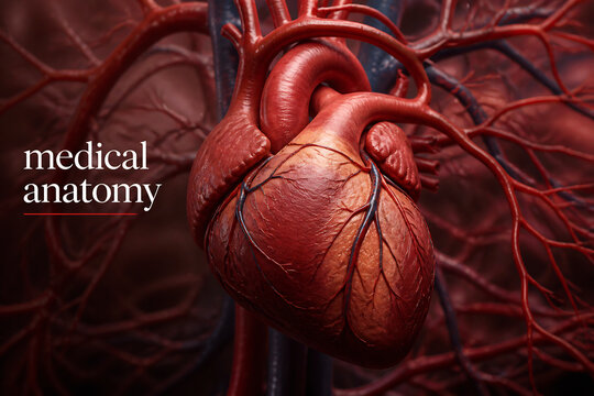 A detailed anatomical illustration of a human heart surrounded by blood vessels.