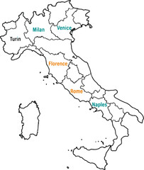 Fototapeta premium Italy political map with major cities. Outline map of Italian regions and urban centers.