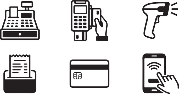 Six payment methods illustrated as simple black icons Vector