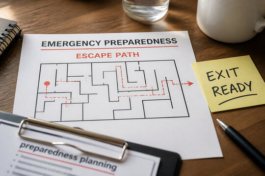 A document with an emergency escape path map and a yellow note card is on a wooden table.
