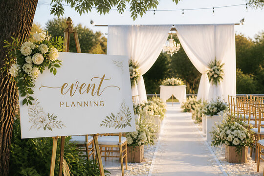 A wedding or event setup with white drapery and floral arrangements outdoors.