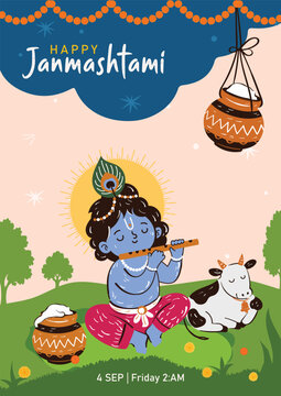 Hand Drawn Vector Illustration Krishna Janmashtami Poster Design With Little Krishna Playing Flute and Holy Cow Sitting aside